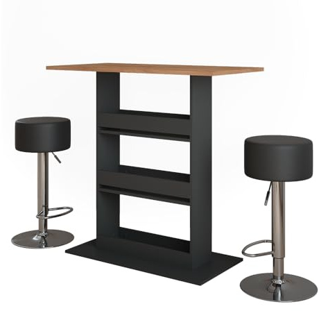 Vicco Bartisch-Set Repose, Goldkraft Eiche/Anthrazit, 110 x 55 cm mit 2 Barhockern, mit offenem Regal zur Aufbewahrung von Küchenutensilien