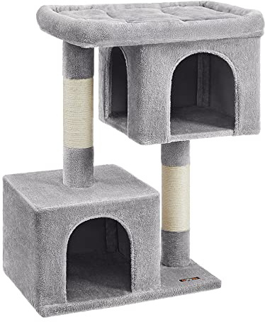 Feandrea Kratzbaum, 101 cm Katzenbaum, XL, Katzenhaus für extra große Katzen bis zu 20 kg, große Plattform, 2 Katzenhöhlen, Sisalstämme, hellgrau PCT614W01