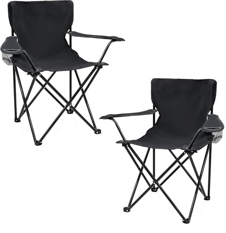 Spetebo Camping Klappstuhl mit Getränkehalter 2er Set - schwarz - Campingstuhl klappbar mit Tragetasche - Stuhl faltbar für Festival Freizeit Garten Angler Sessel Belastbarkeit bis 100 kg