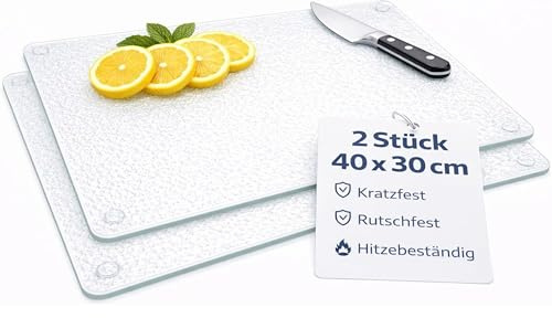 getgastro 2-er Set Schneidebrett Glas - 40x30 cm - Rutschfest mit Füße, Glasschneidebrett ohne Mikroplastik, hygienisches Küchen-brett, kratzfeste & hitzebeständige Oberfläche