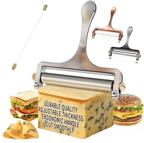 TOPULORS Edelstahl-Käseschneider mit Draht – Handlicher käsehobel für Mozzarella, Cheddar, Gruyère – inkl. 1 Ersatzdraht – Verstellbare Schnittdicke für Käseblöcke (Silber)
