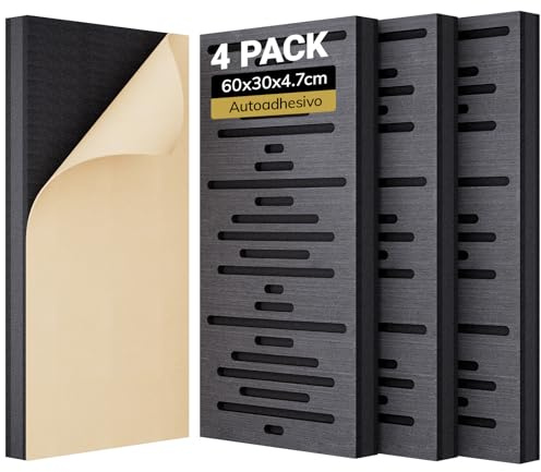TONOR Holzfurnier Akustikpaneele Selbstklebend, 4 Stück 60 x30x4,7cm Akustikplatten Wandpaneele Holzoptik, Akustik paneele für Akustische Behandlung und Wanddekoration, Wohnzimmer, Büro, Schwarz