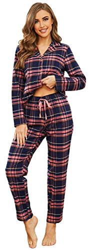 Mnemo Home Damen Schlafanzug Lang Flanell Pyjama Damen 100% Baumwolle
