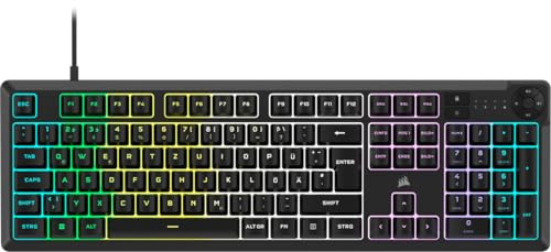 Corsair K55 CORE RGB Membran Kabelgebundene Gaming-Tastatur – Schwarz | Deutsche QWERTZ, Leise, Reaktionsschnelle Schalter, Spritzwasserschutz, Zehn-Zonen-RGB, Medientasten, PC, Mac