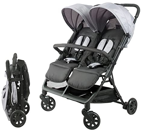 Bambisol Doppelkinderwagen nebeneinander | ideal für Zwillinge ab der Geburt mit ultra-kompaktem Zusammenklappen | Farbe Schwarz und Grau