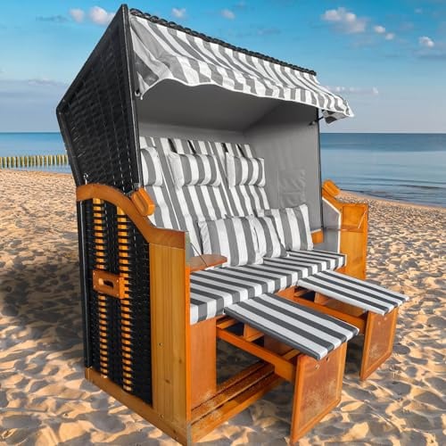 BRAST® Strandkorb Ostsee 3-Sitzer XL für 2-3 Personen | 155cm breit | 2 Designs | Tragkraft bis zu 500kg | verstellbare Rückenlehne | Grau/Weiß - gestreift