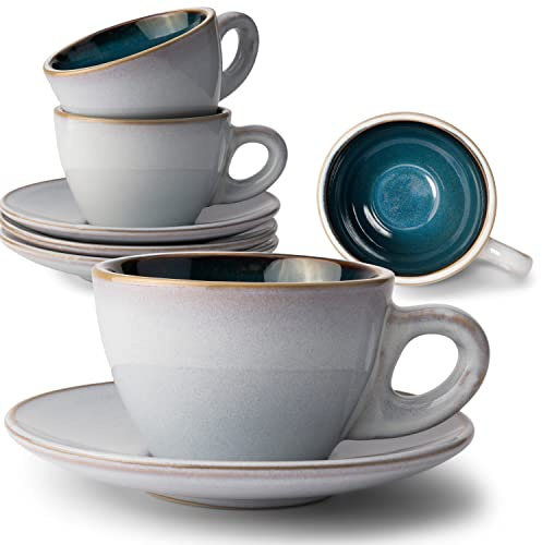 KIVY Cappuccino Tassen 4x 240ml - Handgefertigt aus dickwandigem Steingut | Kaffeetassen mit Untertassen - Cappuccinotassen Grau - Milchkaffee Tassen Groß - Cappuccino Tasse mit Untertasse - Latte Art