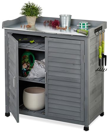 Relaxdays Pflanztisch mit Unterschrank, 3 Haken, Holz, Zinn Arbeitsplatte, HBT: 92 x 90 x 45 cm, Gartenschrank, Farbwahl