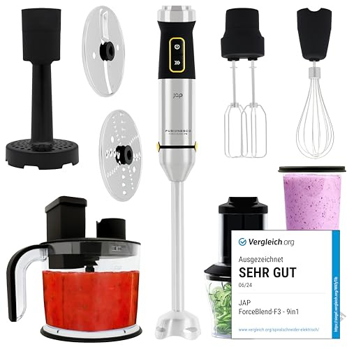 ForceBlend Stabmixer Set F3-1500W - Spiralschneider - Kompakt-Küchenmaschine - Kartoffelpresse - Extra langer XL-Mixfuß - Edelstahl