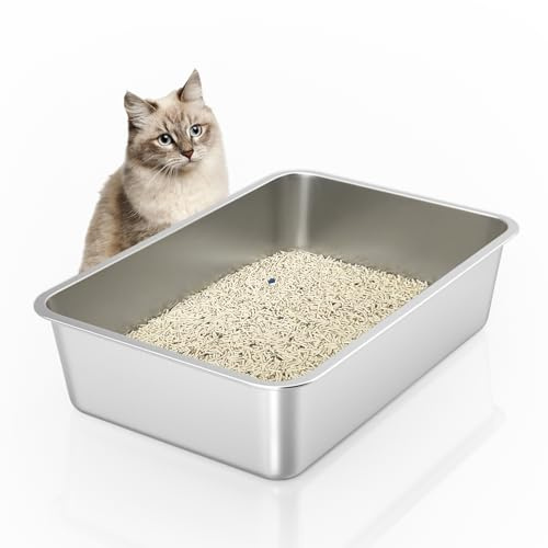 IKITCHEN Große Katzentoilette Edelstahl(60×40×15cm), Litter Box Katzenklo, Katzen und Kaninchen Metall klo, Niemals Gerüche, Fleckfrei, Rostfrei, Antihaft Glatte Oberfläche, Anti-Rutsch Gummiboden