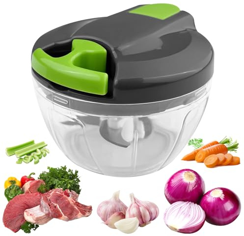 Ghazpmuk Gemüseschneider, 520 ml Zwiebelschneider Manuell, Zwiebel Zerkleinerer Manuell mit Seilzug, Multizerkleinerer mit 3 Edelstahlklingen, Knoblauch Zwiebeln Schneide, Gemüsezerkleinerer Küche