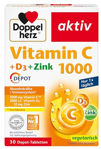 Doppelherz Vitamin C 1000 + D3 + Zink – Hochdosiert mit Vitamin C, Zink und Vitamin D3 zur Unterstützung einer normalen Funktion des Immunsystems – 30 DEPOT-Tabletten