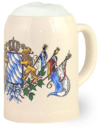 Bavariashop Bierkrug Bayern 0,5 L, Steinkrug Steinzeug mit Bayern-Wappen | Halbe-Liter-Bierkrug mit weiß-blauem Rautenwappen, Krone und Löwen – Souvenir und Geschenk aus Bayern für Männer