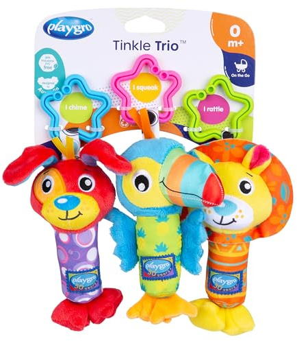 Playgro Spieltier-Trio für unterwegs, Mit Quietsche, Rassel und Glöckchen, Ab 0 Monaten, Mehrfarbig, 40193