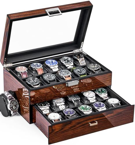 BEWISHOME Uhrenbox mit 20 Fächer Uhrenkasten mit Glasdeckel,Luxuriöser Uhrenkoffer für Männer,Glattem Kunstlederinterieur,Metallverschluss,Geschenkideen Uhrenbox Herren,Uhrenaufbewahrung Braun ESSH04Y