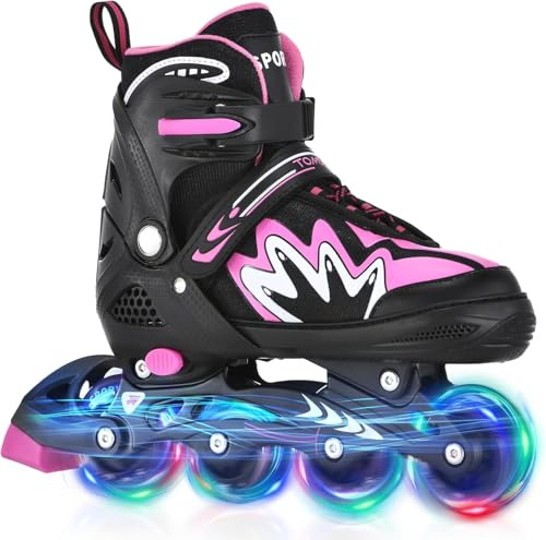 TOMSHOO Rollschuhe, Inliner Roller Skates mit 4 Größen Verstellbar, LED Rädern, Mehrere Größenoptionen, Inlineskates für Kinder Erwachsene Jungen Mädchen, Schwarz & Rosa, M