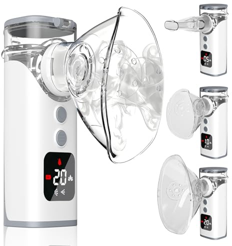 Inhalationsgerät für Erwachsene Kinder,Swetfela Inhalator mit LED-Bildschirm,Selbstreinigungsmodus,Tragbar,3 Zeitgesteuerte Sprühmodi,mit 2 Masken und Mundstück, USB Aufladbar Inhaliergerät-Weiß