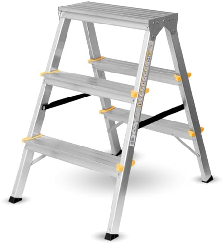 Trittleiter 3 Stufen klappbar, Aluleiter, 2x3, 150 kg, TÜV, beidseitig | Aluminium-Stehleiter, beidseitig begehbar, genietete Verstrebungen, keilförmige Fußkappen, TÜV Rheinland, EN 131