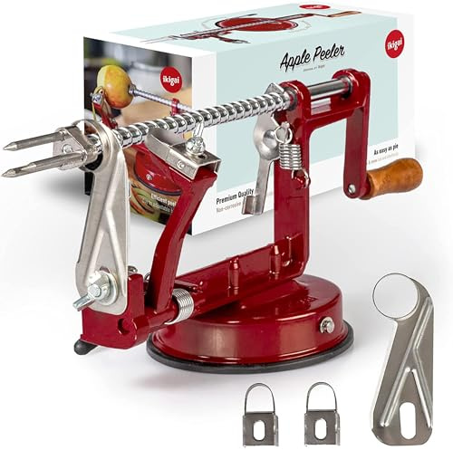 IKIGAI Apfelschälmaschine mit Kurbel, 3-in-1 Apfelschäler inkl. Apfelentkerner und Apfelschneider, Kartoffelschälmaschine aus Edelstahl, stabiler Apfelkernausstecher rot