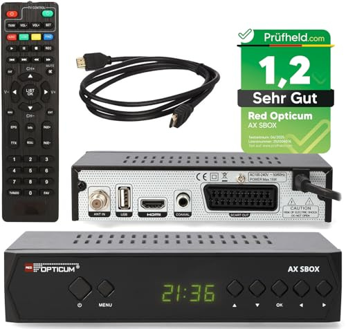 RED OPTICUM HD Sat Receiver für Satellitenschüssel mit Aufnahmefunktion S-Box PVR - Timeshift, HDMI, SCART, USB, Coaxial - Digital TV Receiver für Satelliten/Satellit + HDMI Kabel