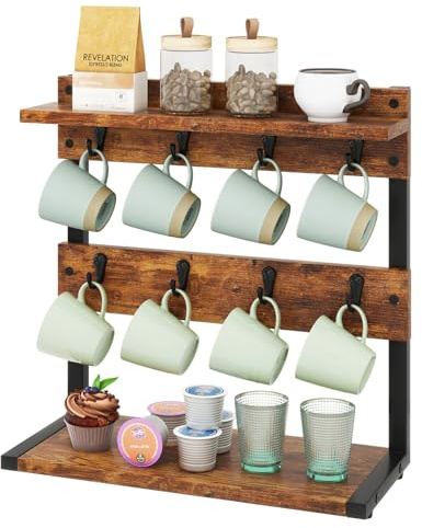 IBUYKE Tassenhalter mit 8 Haken,Kaffeetasse Organizer Holz,Braun TBJ002H | Kaffeetasse Halter für Küchentheke Tassenständer Bechergestell mit Aufbewahrungsboden für Küche Café