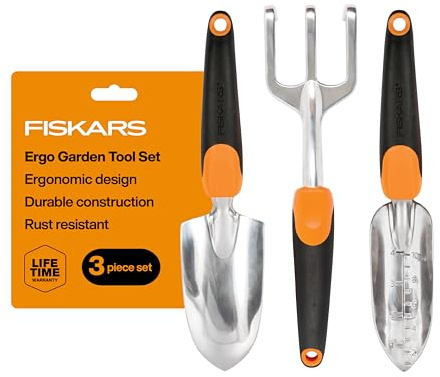 Fiskars Gartenwerkzeug-Set, 3 Stück, inklusive rostbeständiger Kelle, Pflanzgefäß und Kultivator, Gartengeräte für die Bepflanzung im Freien, ergonomisches Hofwerkzeug-Set – Gartengeschenke für Frauen