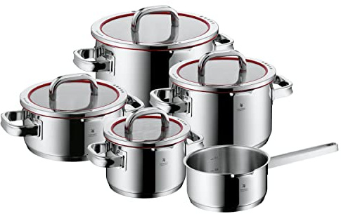 WMF Function 4 Topfset Induktion 5-teilig, Glasdeckel mit 4 Abgießfunktionen, Cromargan Edelstahl poliert, Induktions Töpfe Set, Innenskalierung