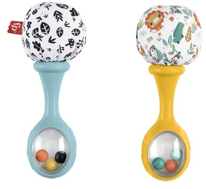 Fisher-Price Babys Rumba-Rasseln, Babyspielzeug | 2 Babyrasseln mit weichen Pompons, Blau & Gelb, Grobmotorik- & Sinnesspiel, ab 3 Monaten, HMF34