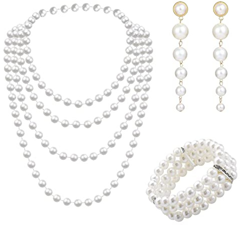 Cosswe Perlen Schmuck Set für Damen, Vintage Imitation Perlen Halsketten Perlenkette Perlen Ketten Modeschmuck Damen Perlenkette für Party Abschlussball Hochzeit Festival