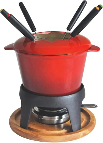 Baumalu - Fondue-Set aus emailliertem Gusseisen in Rot - Abmessungen 21 x 21 x 21 cm - für 6 Personen - mit Holzbrett - ideal für Familien- oder Freundesessen