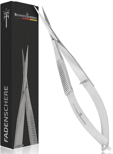 SCHWERTKRONE® Pinzettenschere Stickschere 11,5 cm [GERADE] – Fadenschere Klein & Scharf - Universelle Applikationsschere - Federschere - Kleine Schere mit feiner Spitze für Feinarbeiten