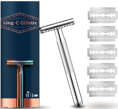 King C. Gillette Double Edge Herrenrasierer mit Doppelseitigem Klingen und Platin-Beschichtung, Enthält 5 Ersatzklingen
