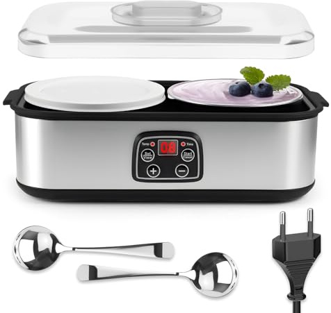 Aischens Joghurtbereiter Elektrischer Joghurt LED Timer Marmelade Eis | Pudding Maker 2 Glasbechern 2L Präziser Temperaturregelung (20-55°C), 304 Edelstahl-Fermenter für Gesundes Frühstück