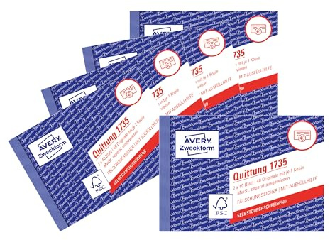 AVERY Zweckform 1735-5 Quittungsblock (A6 quer, 2x40 Blatt, mit Durchschlag, fälschungssicher, separat ausgewiesene MwSt., für Deutschland und Österreich) 5er Pack weiß/gelb