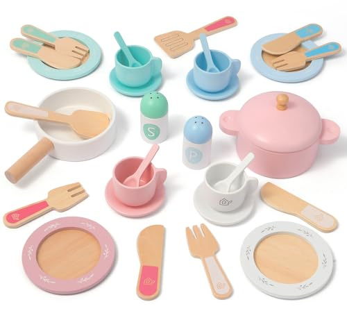 SimpliPlay Holzspielzeug-Teller und -Geschirr für Küchensets, 30-teiliges Montessori-Spielküchenzubehör für Kleinkinder, Holzspielzeug-Kochset für Mädchen und Jungen im Alter von 3 bis 8 Jahren