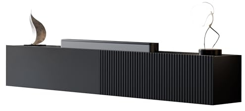 Mirjan24 TV-Lowboard Cholon 200 mit 2 Klappen (Schwarz) | Hängender TV-Schrank mit geriffelter MDF-Front, Gasdruckfedern und 4 Innenfächern für Mediengeräte und Zubehör