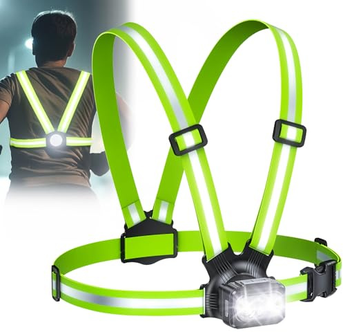 Rolgno 500 Lumen Lauflicht, Lauflampe Joggen mit 360° Reflektoren, Wiederaufladbar Brustlampe, 45° Verstellbar, 7 Modi & IPX4 Wasserdichter Running Light Stirnlampenzubehör für Nachtlauf