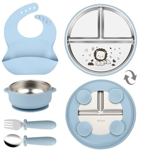 OXYEFEI Edelstahl Teller Baby, Kindergeschirr Set mit Tiermotiven | Baby Teller mit Saugnapf Geburtstagsgeschenke für Babys, Taufgeschenke (Blau, Löwe)