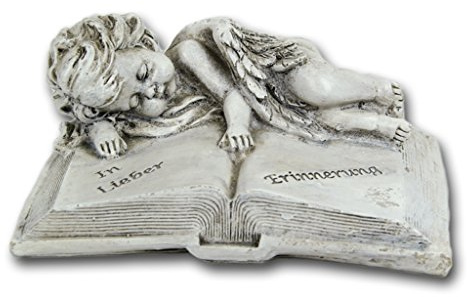 Bambelaa! Grabschmuck Deko Trauerartikel Grab-Engel auf Buch Grau Steinharz Friedhof Ca. 14 x 11 x 6 cm Wetterfest