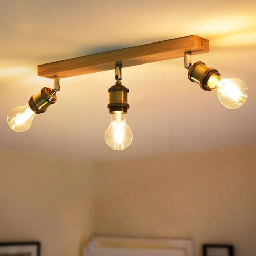 ANWIO Deckenstrahler 3 Flammig E27, Deckenleuchte 3 Spots Holz Deckenlampe E27, Vintage Industrial Deckenspots Spotbalken Deckenleuchte für Wohnzimmer Schlafzimmer Flur Küchen (ohne Leuchtmittel)