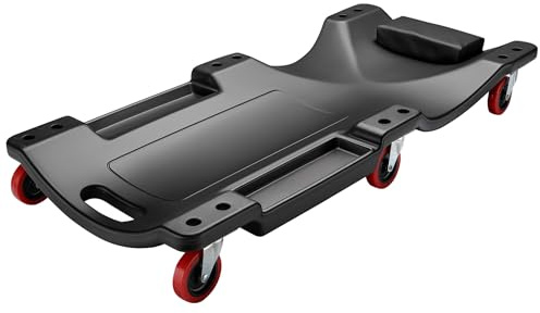 Wiltec Kfz Montageliege 90x40x9cm bis 90 kg aus Kunststoff, Rollbrett mit Abnehmbarer Kopfstütze & Werkzeugfächern, Rollliege, Werkstattliege