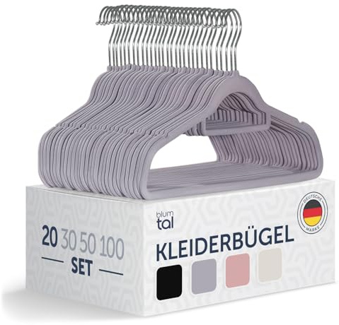 Blumtal Samt-Kleiderbügel, rutschfest, 360° drehbar, für Mäntel, Anzüge, Hemden und Hosen, 20 Stück, Grau