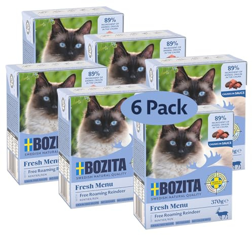 Bozita Tetra Häppchen in Sauce mit Rentier - 6x370g Getreide- & zuckerfreies Nassfutter für Katzen ohne Gentechnik – 7,5% Protein & 5% Fettgehalt - hochwertig & besonders nährstoffreich