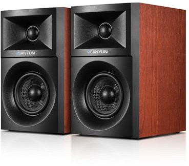 Sanyun SW203 4.0 PC Lautsprecher - 60W 4-Wege DSP Steuerung 3D Immersiver Sound - 3 Kohlefaser Tieftöner & 20mm Seidenkuppel Hochtöner - 24bit DAC USB/Bluetooth 5.4/AUX - Studio-Audio (Paar, Rot)