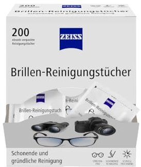 ZEISS Brillenreinigungstücher mit Alkohol, 200er Pack | Einzeln verpackt, sanfte und gründliche Glaspflege, ideal unterwegs