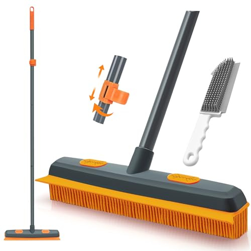 TidyBliss Gummibesen mit Stiel 146 cm, Besen Gummiborsten Tierhaare, SilikonBesen Innen mit Abzieher zum Entfernen von Tiere Katzen Hunde Haare von Teppichen, Fenstern (Orange)