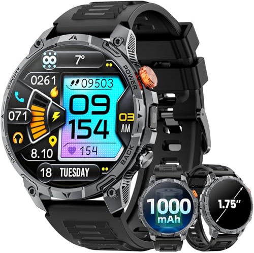 Smartwatch Herren Militär, 100 Tage Ultra-Laufzeit/1000-mAh-Akku/1,75 HD Großes Display /LED Taschenlampen/24/7Herzfrequenz/Schlafmonitor/110+ Sportmodi/IP68 Wasserdicht Sportuhr für iOS Android