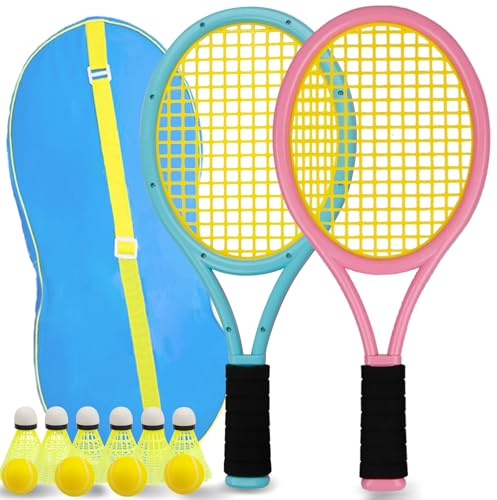 Kinder tennisschläger Set 17 Zoll,Mit 4 weichen Trainingsbällen & 6 Badminton-Federbällen – Geeignet für Kindersportarten im Innen- und Außenbereich (Blau und Rosa)
