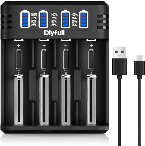 Dlyfull 18650 Ladegerät, 4 Fach Universal Akku Ladegerät mit LED Anzeige | Schnell USB-C Batterieladegerät für 18650 21700 17500 16340 26650 AA AAA C 3,7V Li-Ion Akkus 1,2V NI-MH/NI-CD Batterie