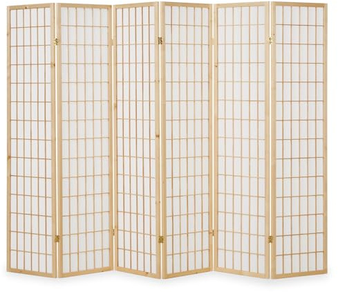 Homestyle4u Paravent 6-teilig, Raumteiler 175 cm hoch, faltbar Sichtschutz, Paravent Raumtrenner Innen Holz Natur Reispapier Weiß, Artikel 190